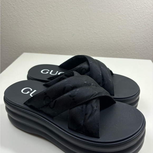 Gucci GG-Jacquard Padded-Nylon Rubber Platform Sandals Mules - Picture 3 of 6